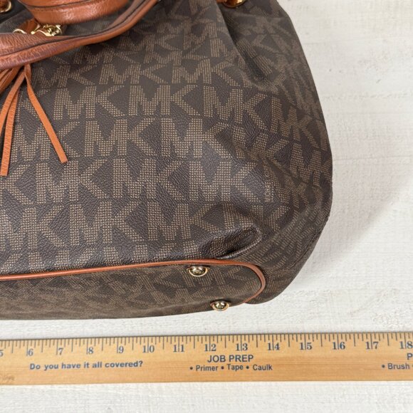 Michael Kors Jet Set Signature Drawstring Tote Brown MK Monogram Leather Trim - Picture 13 of 15